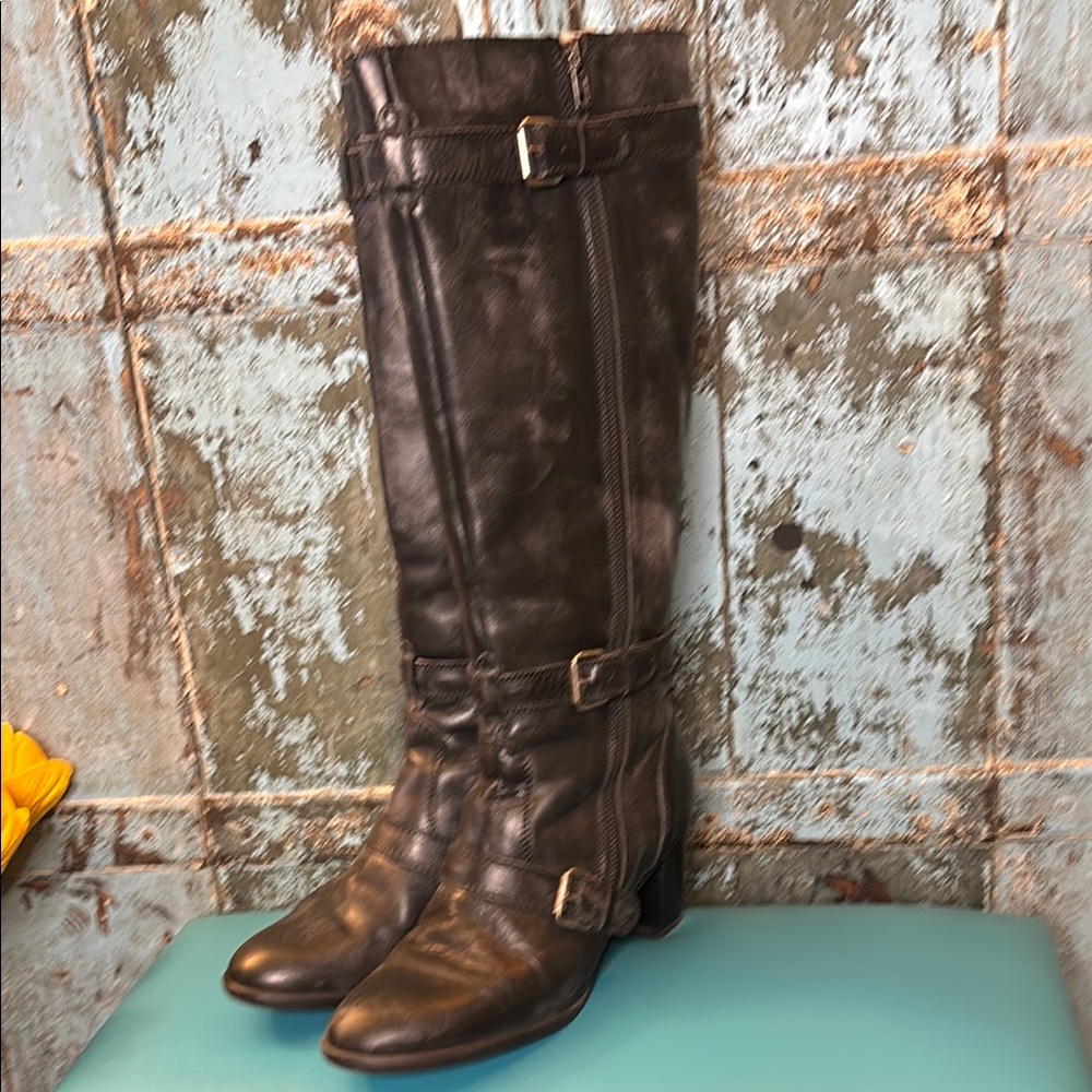 J.Crew Miller Motorcycle Leather Knee-High Boots Zip Black Distressed size 8.5